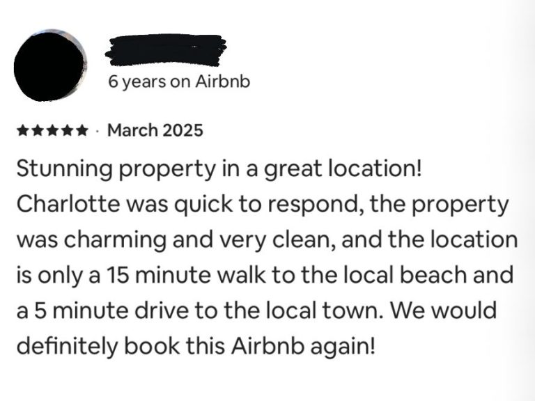 Review of a charming Airbnb near the beach with responsive host feedback.